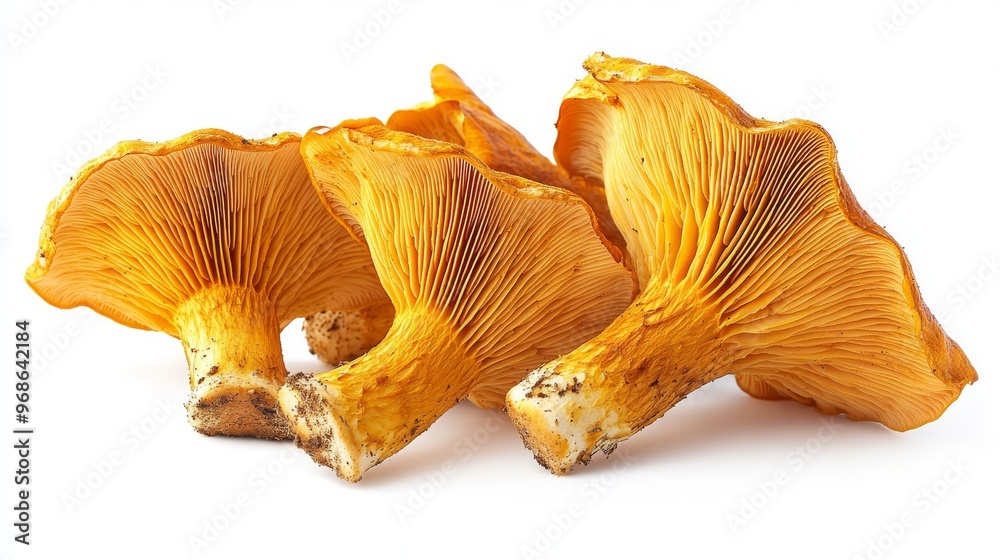 Bright Orange Chanterelle Mushrooms Displayed Against a White Background With Soil Spots Bright Orange Chanterelle Mushrooms Displayed Against a White Background With Soil Spots