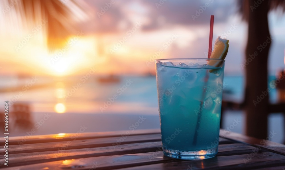 blue curaçao cocktail on a table by a Cariben cocktail bar by sunset, warm hues blue curaçao cocktail on a table by a Cariben cocktail bar by sunset, warm hues