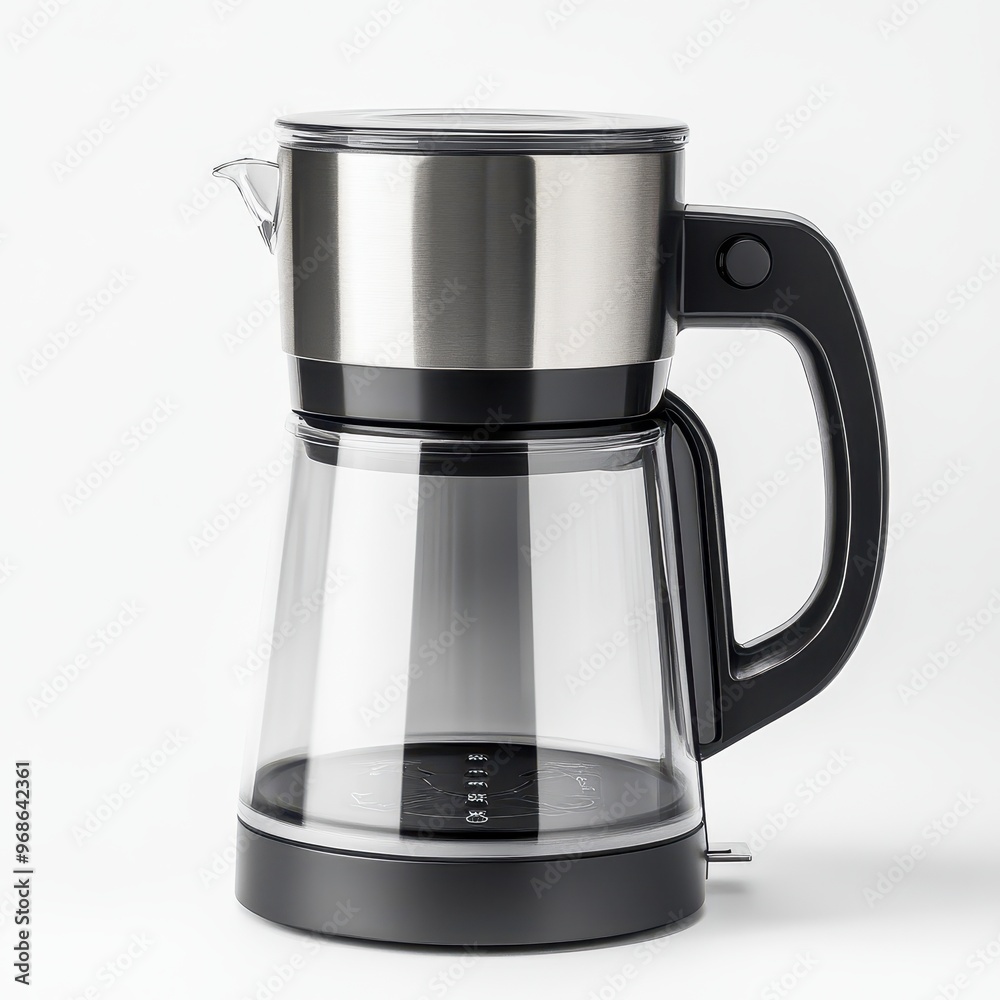 A modern glass kettle with a stainless steel lid, designed for brewing hot beverages. A modern glass kettle with a stainless steel lid, designed for brewing hot beverages.
