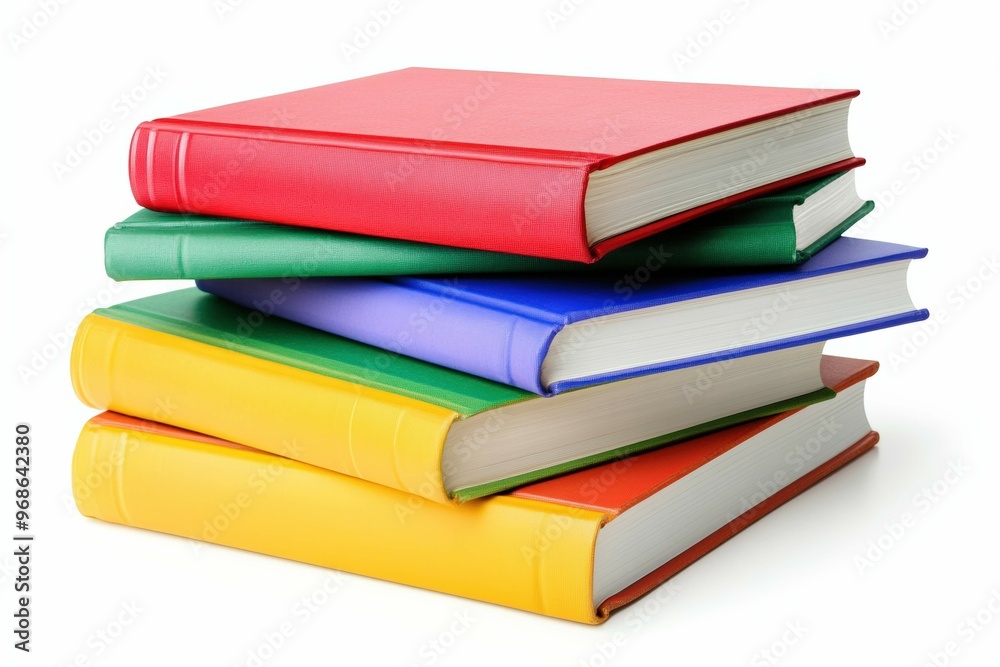 A stack of colorful hardcover books with red, green, blue, and yellow spines on a white background A stack of colorful hardcover books with red, green, blue, and yellow spines on a white background