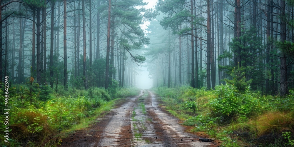 Obraz premium Foggy Dawn in a Lush Pine Wood with a Neglected Pathway