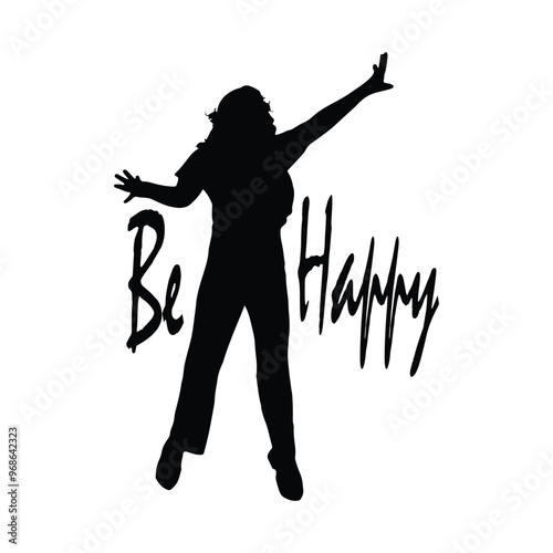 Be happy vector. Silhouette of a joyful girl with "Be Happy" text in handwritten style, symbolizing positivity and happiness.