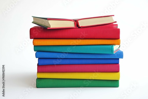 Wallpaper Mural A stack of colorful hardcover books with red, green, blue, and yellow spines on a white background  Torontodigital.ca