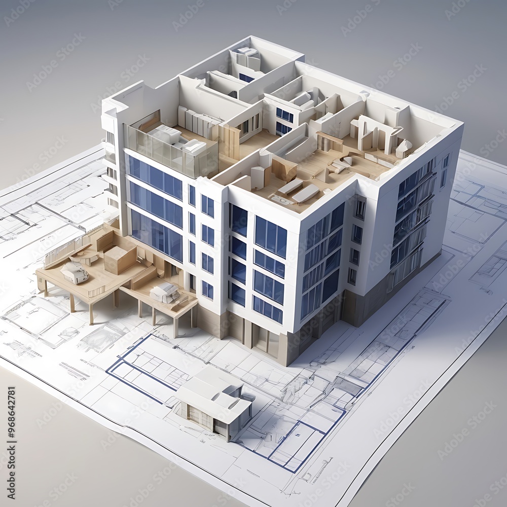 3D building model on detailed blueprints showcasing layout and dimensions 3D building model on detailed blueprints showcasing layout and dimensions