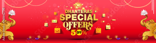 Dhanteras diwali festival shopping offers, sale, deal, banner, template design. 3D Dhanteras Special offers text with golden coins pot, bag diwali lights lanterns, crackers and candle background.