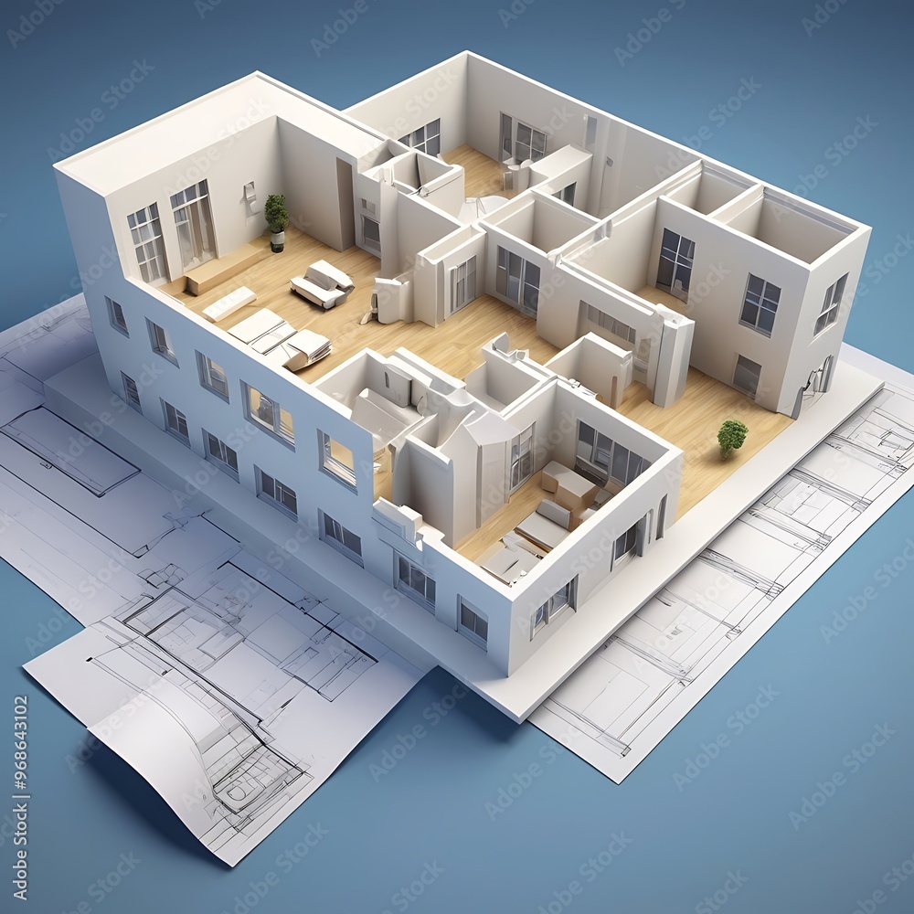 3D building model on detailed blueprints showcasing layout and dimensions 3D building model on detailed blueprints showcasing layout and dimensions