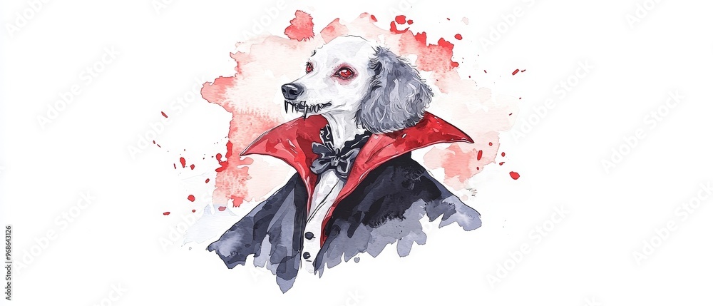 Poodle in a glamorous vampire outfit with fangs, vampire dog, elegant Halloween pet, watercolor style