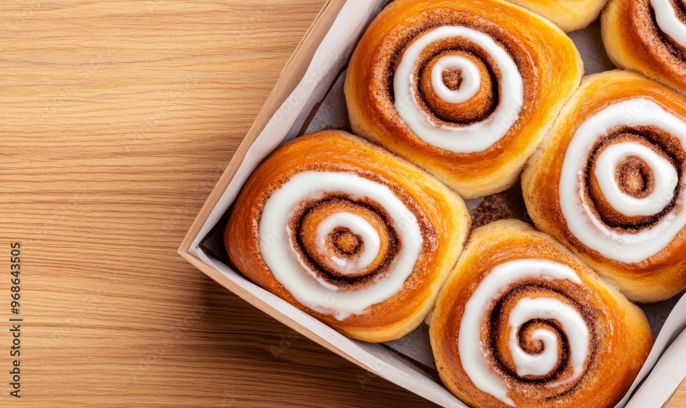 Fototapeta premium Freshly Baked Cinnamon Rolls in a Box on a Wooden Table Ready for Enjoyment