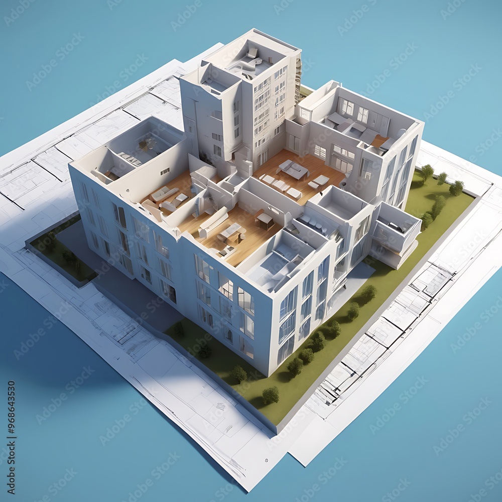 3D building model on detailed blueprints showcasing layout and dimensions 3D building model on detailed blueprints showcasing layout and dimensions