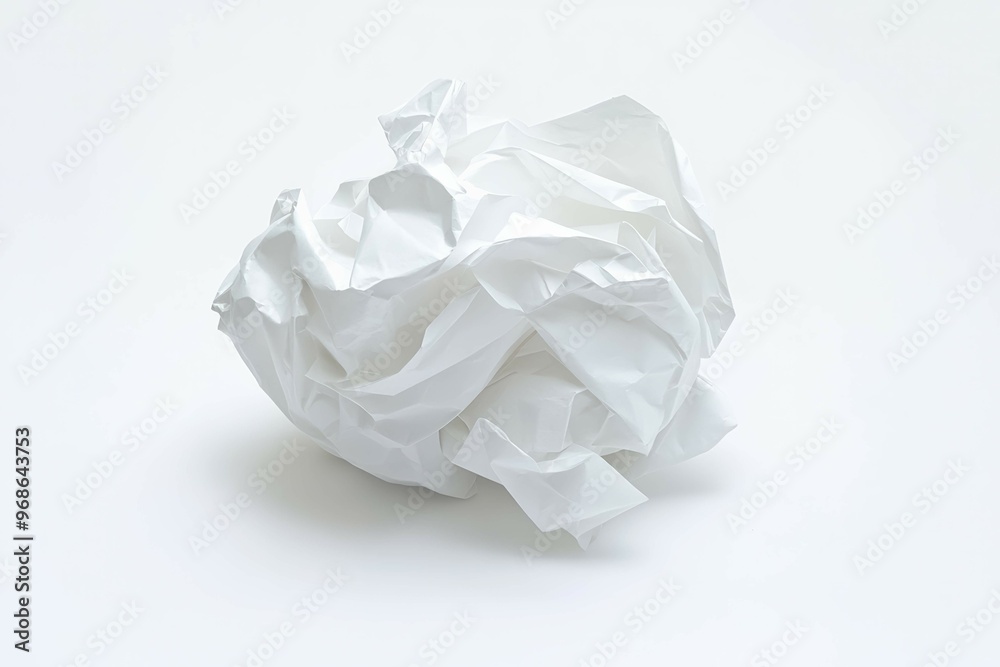 Crumpled Paper Ball: A detailed shot of a crumpled ball of white paper, with creases and folds emphasized against the smoothness of the white background Crumpled Paper Ball: A detailed shot of a crumpled ball of white paper, with creases and folds emphasized against the smoothness of the white background