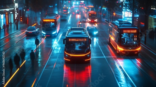 Wallpaper Mural AI-controlled autonomous vehicles in a futuristic smart city: Cars and buses without drivers navigating efficiently through urban streets. Torontodigital.ca