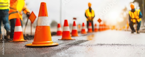Roadwork scene with workers installing traffic cones, signs, and barriers around a construction zone, ensuring safety and organization