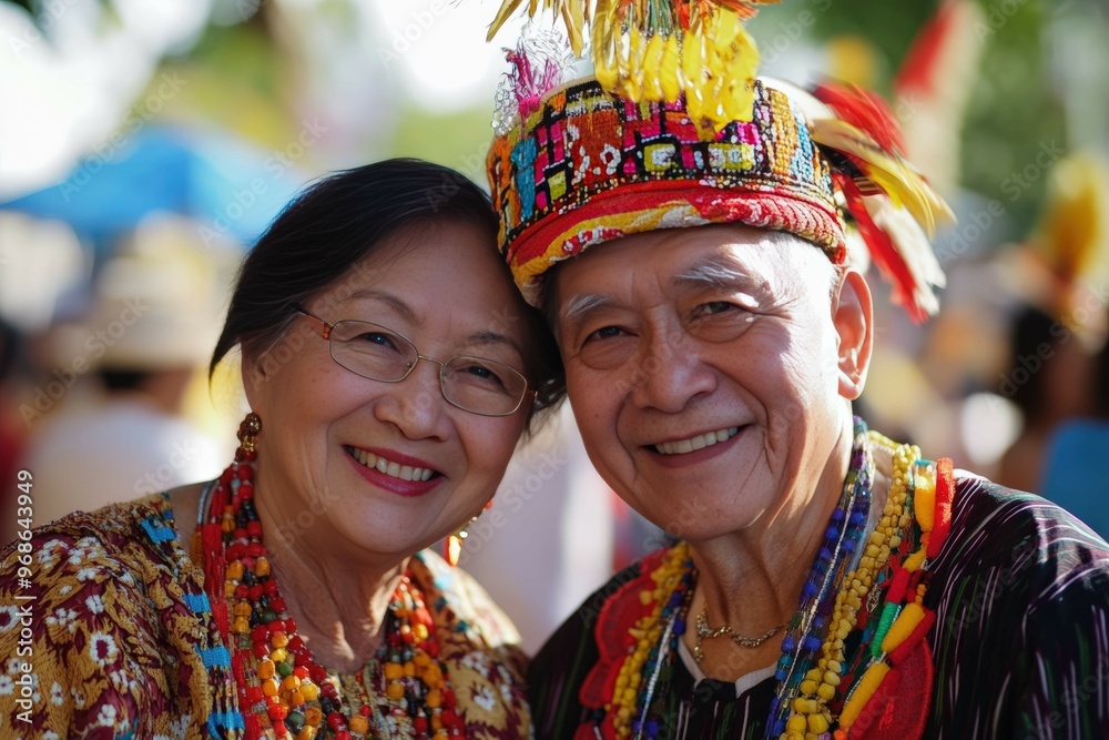 Fototapeta premium Grandparents in Traditional Clothes at a Cultural Festival: An outdoor festival scene where an elderly couple wears traditional clothing