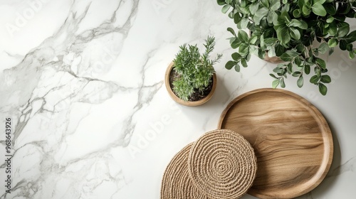 A stylish photograph of a marble countertop with natural accessories like wooden trays and plants. The soft lighting highlights the intricate details of the marble veins photo