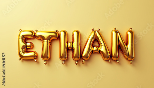 ETHAN Golden 3D Balloon Letters on Solid Background photo