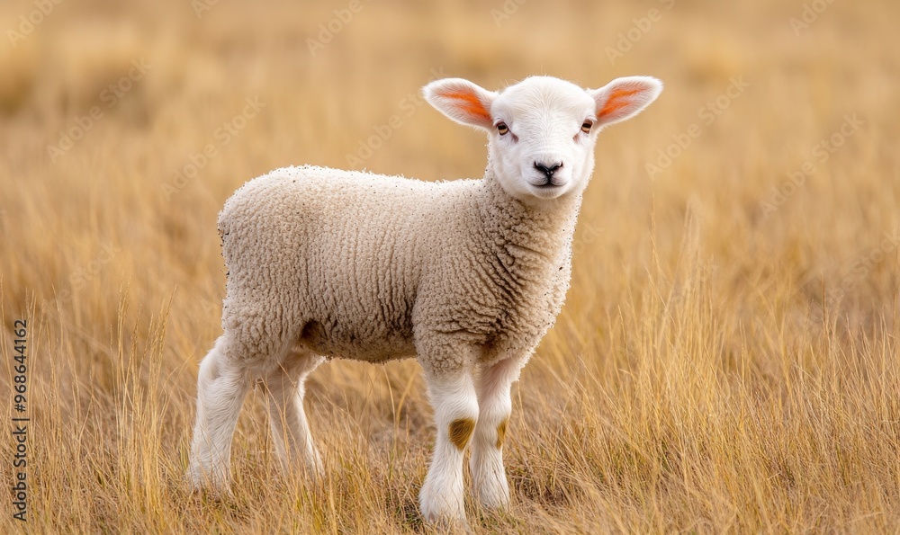 A Curious Lamb Standing in a Golden Meadow During a Sunny Day in Spring A Curious Lamb Standing in a Golden Meadow During a Sunny Day in Spring
