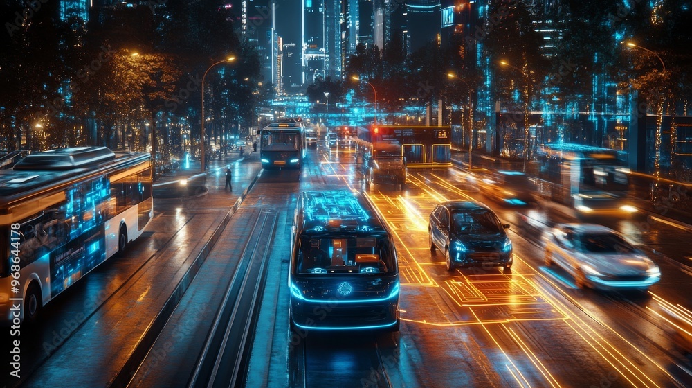 AI-controlled autonomous vehicles in a futuristic smart city: Cars and buses without drivers navigating efficiently through urban streets. AI-controlled autonomous vehicles in a futuristic smart city: Cars and buses without drivers navigating efficiently through urban streets.