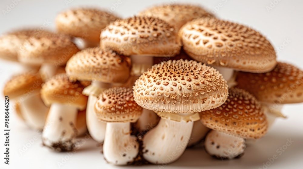 A cluster of fresh, brown mushrooms with white stems and a spotted cap, arranged in a pile on a white background. A cluster of fresh, brown mushrooms with white stems and a spotted cap, arranged in a pile on a white background.