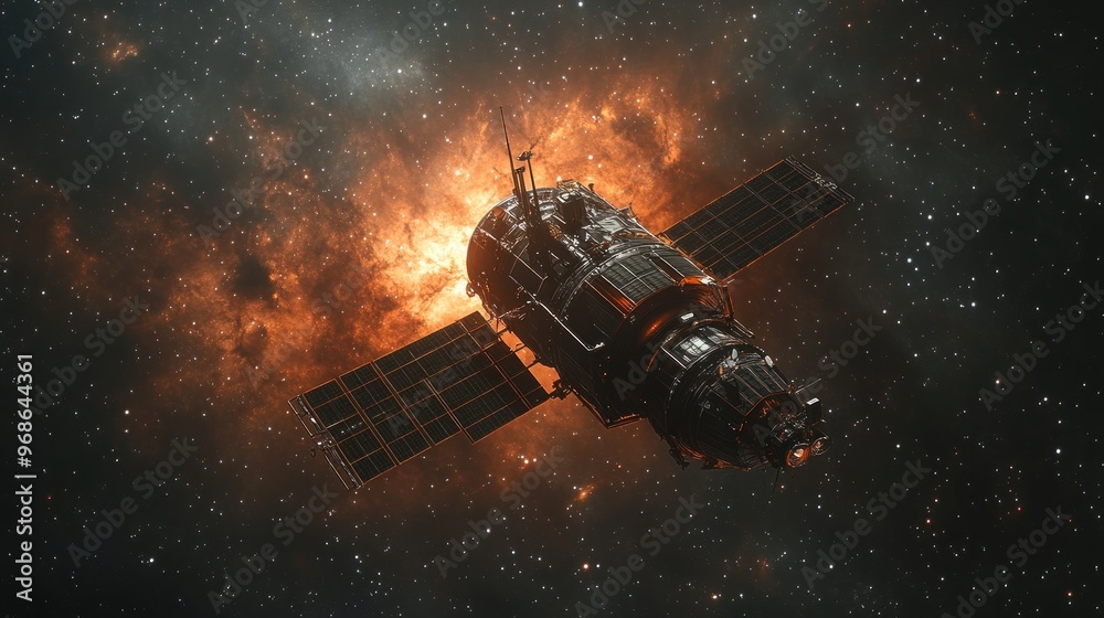 A spacecraft exploring a vibrant cosmic nebula in deep space.