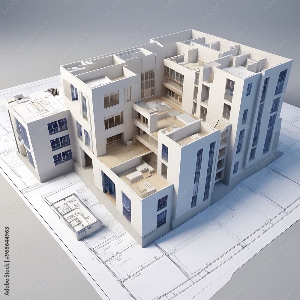 3D building model on detailed blueprints showcasing layout and dimensions