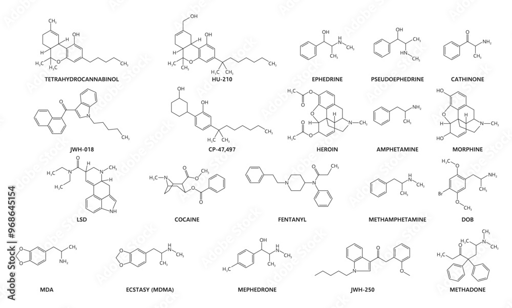 Synthetic and organic drug molecules and formulas. Vector chemical structures set of hu 210, tetrahydrocannabinol, ephedrine, pseudoephedrine, cathinone, amphetamine, lsd, cocaine, methadone, fentanyl Synthetic and organic drug molecules and formulas. Vector chemical structures set of hu 210, tetrahydrocannabinol, ephedrine, pseudoephedrine, cathinone, amphetamine, lsd, cocaine, methadone, fentanyl