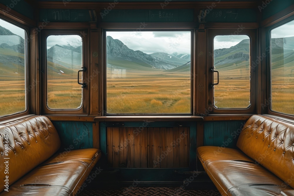 Fototapeta premium A train car with two seats and a window that looks out over a field