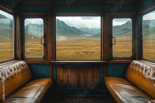 A train car with two seats and a window that looks out over a field