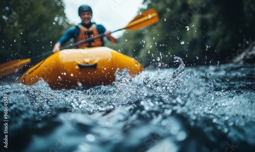 Kayaker Navigating Through a River in the Wilderness on a Sunny Afternoon