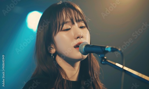 Close-up of cute K-pop female idol singing on stage