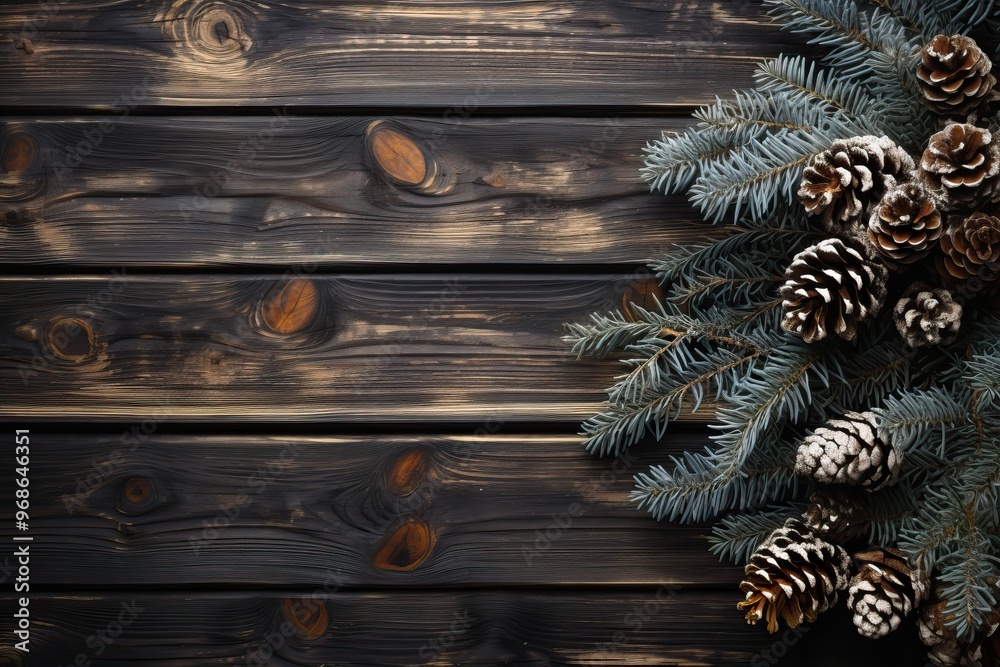 Background with a wooden base and fir branches on the edge. Background with a wooden base and fir branches on the edge.