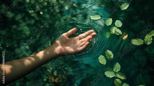 A hand gently touching water, creating ripples, with floating green leaves in a tranquil, natural setting.