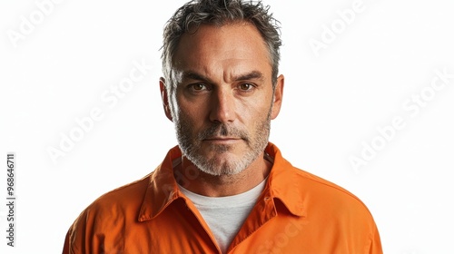 Lost in Isolation - Depressed Middle-Aged Man in Orange Prison Jumpsuit Standing Against White Backdrop with Blank Expression