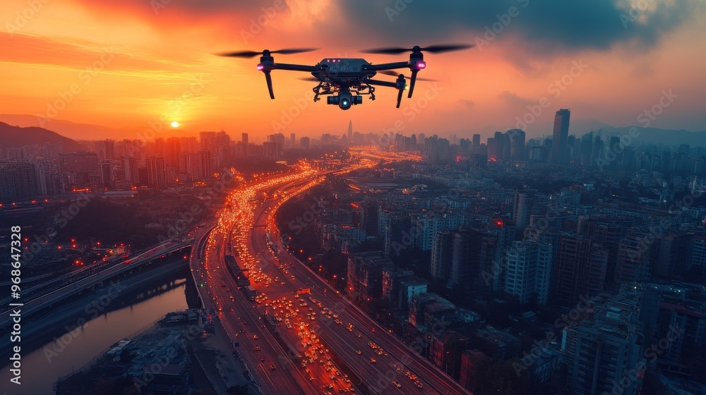 AI-controlled drone swarms monitoring and maintaining city infrastructure: Drones inspecting bridges, buildings, and roads in a futuristic city. AI-controlled drone swarms monitoring and maintaining city infrastructure: Drones inspecting bridges, buildings, and roads in a futuristic city.