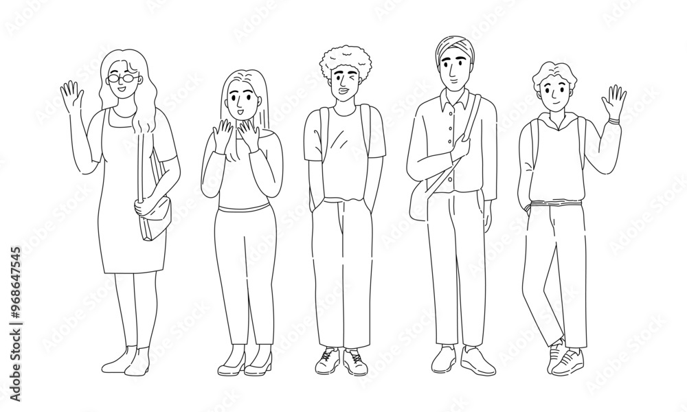Diverse group of people in outline drawing, Full body young adult. Diverse group of people in outline drawing, Full body young adult.