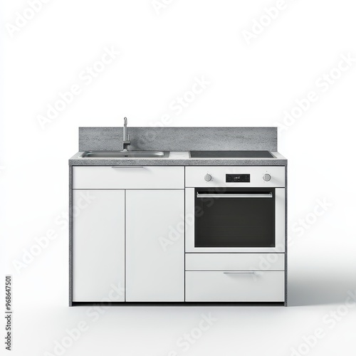 A modern kitchen unit featuring a sink, stove, and oven in a sleek design.