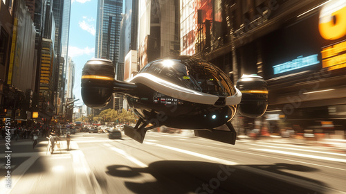 AI-Enhanced Transportation System Featuring Autonomous Flying Taxis Navigating a Dense Urban Environment. Advanced Technology Revolutionizing Urban Mobility with Efficient and Futuristic Aerial Vehicl photo