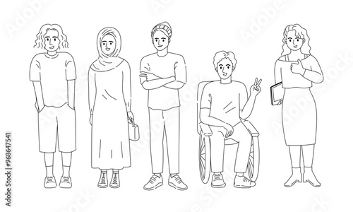 Diverse group of people in outline drawing, Full body young adult.