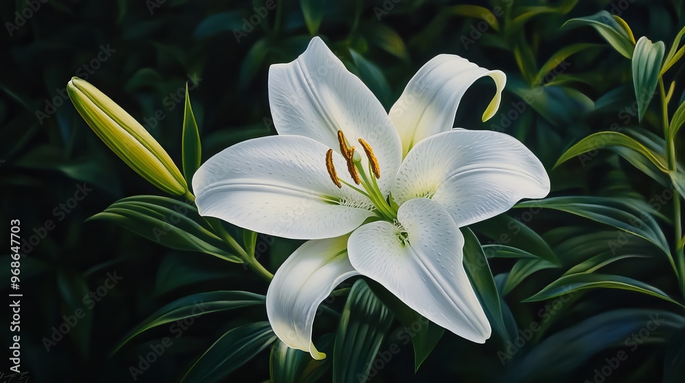 White lily in a garden, close-up view. Nature and tranquility concept White lily in a garden, close-up view. Nature and tranquility concept