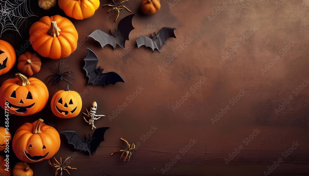 Halloween elements in the form of pumpkins, bats, ghosts, spiders on a light textured background with space for text