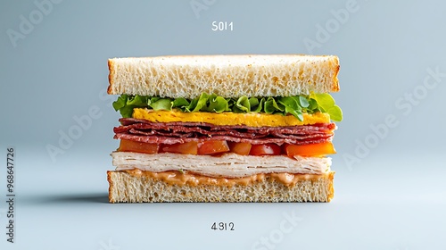 A professional shot of a gourmet sandwich with layers of fresh ingredients, set on a solid background. The image features deep depth of field with sharp focus on the sandwich and ample room for text. photo