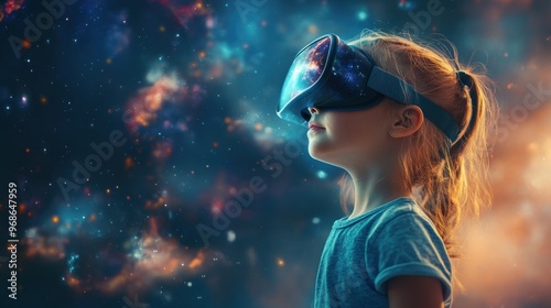 A young girl wearing a VR headset, looking up at a colorful, starry sky.