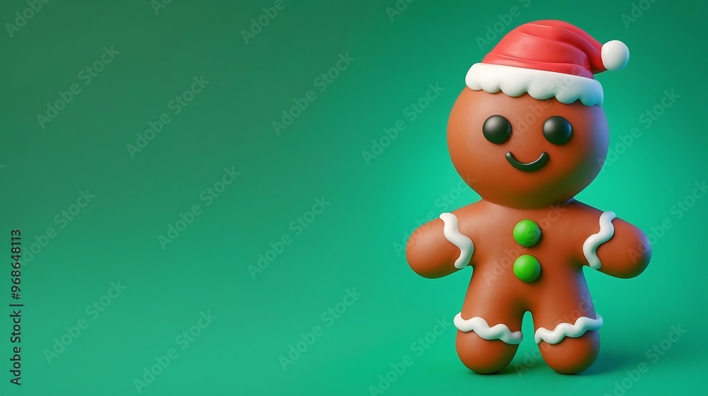 Fototapeta premium 3D Festive Gingerbread Man Cookie on Vibrant green Background – Perfect for Holiday Celebrations