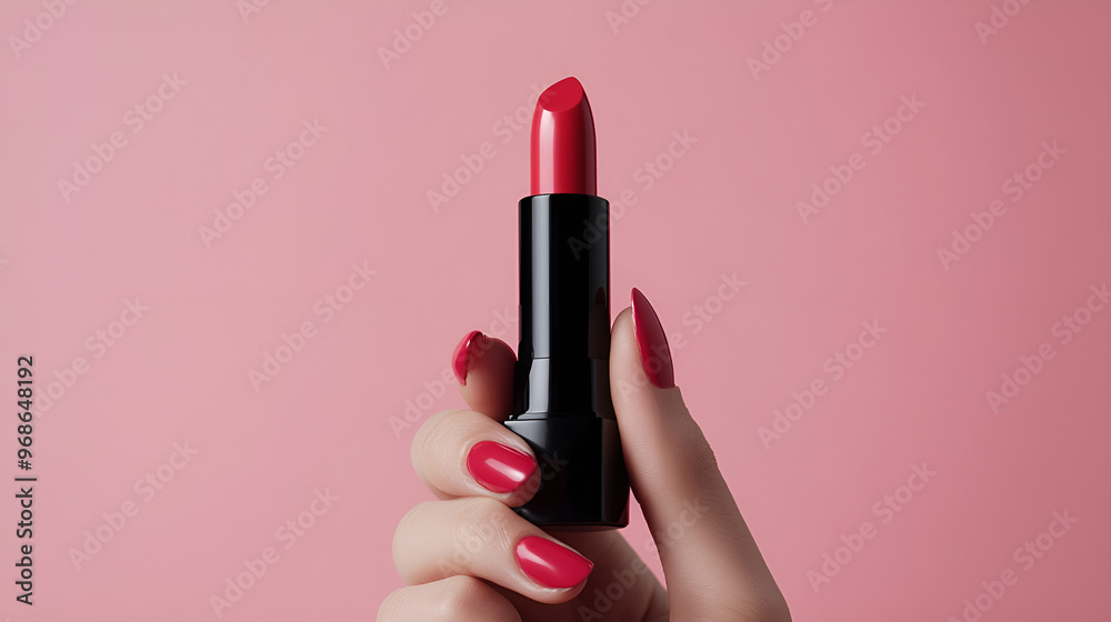 Hand model lipstick on isolated pastel pink background. Hand model lipstick on isolated pastel pink background.