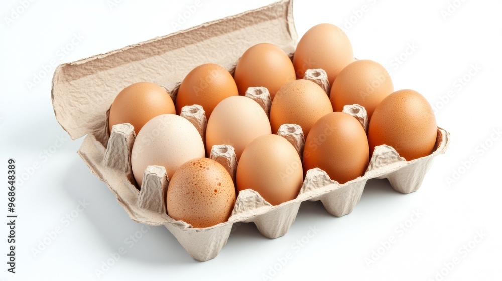 Open Egg Carton with Ten Brown Organic Eggs on White Background Open Egg Carton with Ten Brown Organic Eggs on White Background