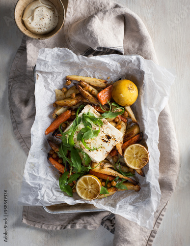 High angle view of food in paper on table