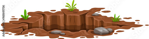 Ground hole or deep dirty pit burrow in earth, vector cartoon dig crack in soil. Hole on ground or underground gap pit with mud and water, stones and grass in garden land, groundhog or mole burrow
