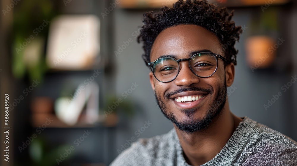 Portrait of Smiling Young Black Man with Happy Expression in Home Office Close-Up Portrait of Smiling Young Black Man with Happy Expression in Home Office Close-Up