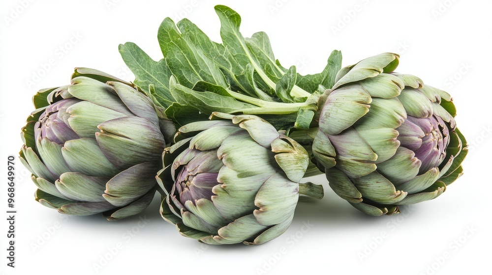 Fototapeta premium Fresh Artichokes With Green Leaves Arranged on a White Background in a Natural Display