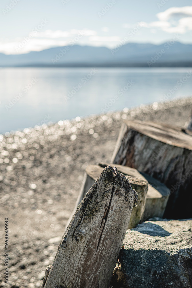 Wood leaning on rock at beach against sky Wood leaning on rock at beach against sky