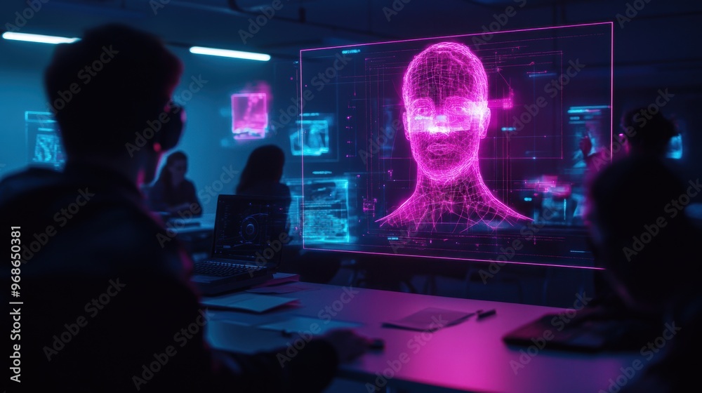 Fototapeta premium A high-tech classroom where students engage with holographic historical figures and interactive lessons.